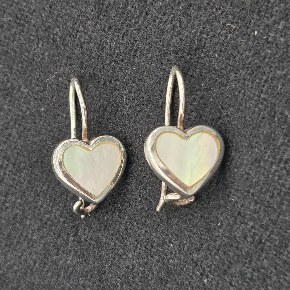 925 Sterling Silver And Mother Of Pearl Heart Shaped Dangle Earrings